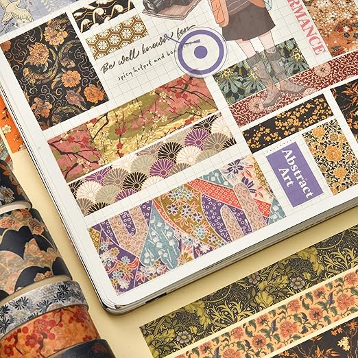 12 Rolls Kyoto Charm Washi Tape Set Japanese Arts Adhesive Tapes Geometric Garden Decorative Masking Tape Sets for Craft, Kids, Scrapbook, DIY, Gift Wrapping (Crimson Fields)