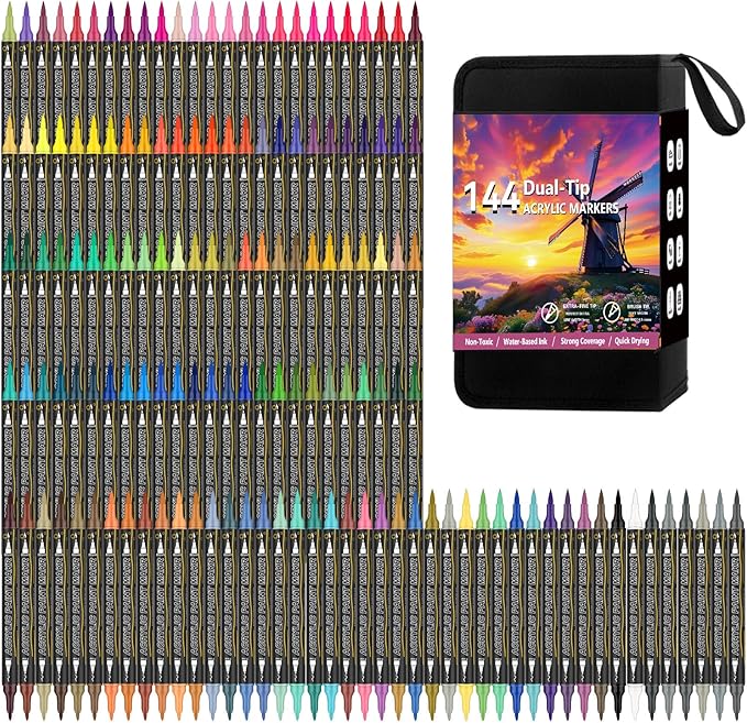144 Colors Dual Tip Acrylic Paint Markers，Waterproof, Non-Toxic, Odorless Acrylic Markers Pens，Paint Pens & Paint Markers for Rock, Wood, Glass, Stone, Canvas, Ceramic, Fabric and Paper Painting