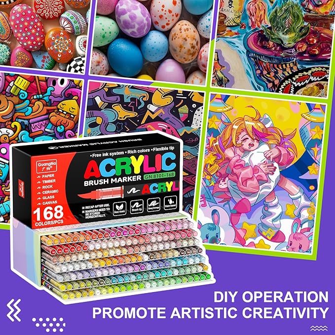 DICEKOO 168 Colors Acrylic Paint Markers, Soft Brush Tip Pens with Automatic Ink Control System, Waterproof, Quick-Drying, Lightfast, for Rock Painting, Canvas, Wood, Egg & DIY Crafts Art Supplies