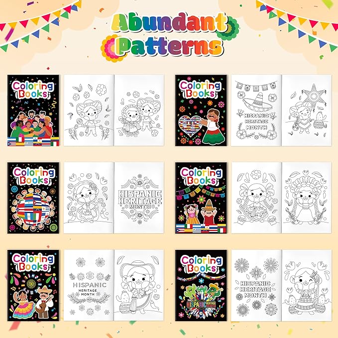 JAPBOR Hispanic Heritage Month Coloring Books - 24PCS Mini Hispanic Culture Color Book Bulk for Kid Party Favor, Latino American Small Colouring Pages for Birthday Gifts Class School Draw Paint Game