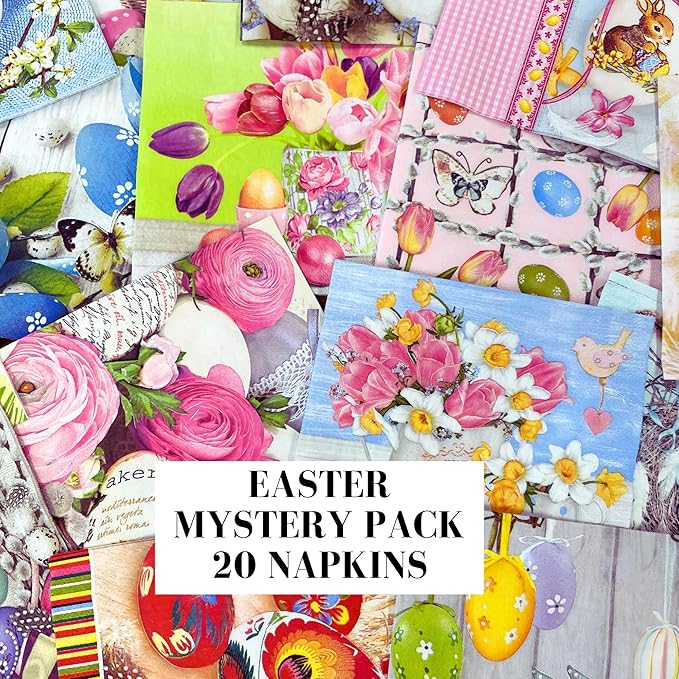 Mystery Pack Decoupage Paper Napkins, 20-ct Assorted Surprise Napkins, Decorative Napkins Easter for Art Craft Junk Journal, 20 Different Designs