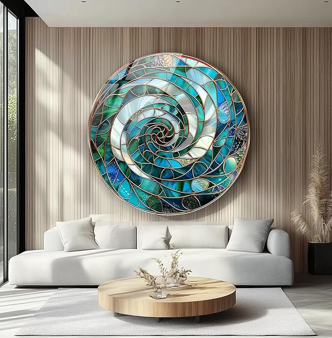 My Photostation.com 24''(60cm) Diameter Aqua Spiral Harmony Round Glass Wall Art Tempered Glass Printing Wall Decor Large Wall Art Wall Hangings