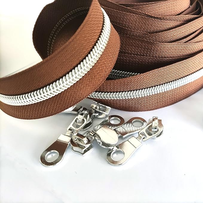 Leekayer #5 Metallic Silver Nylon Coil Zippers by The Yard Bulk 10 Yards Brown Zipper Tape with 25pcs Silver Sliders for DIY Sewing Tailor Craft Bag(Brown)