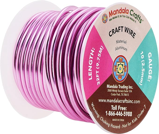 Mandala Crafts 10 Gauge Anodized Aluminum Craft Wire for Jewelry Making - 32 FT Colored Flexible Pink Wire - Bendable for Bonsai Armature Crafting Sculpting