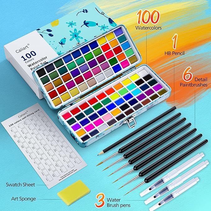 Caliart Watercolor Paint Set, 100 Colors Portable Travel Water Color Palette Kit with Detail Painting Brush, Art Supplies Christmas Gifts for Artists Adults Painters Beginners