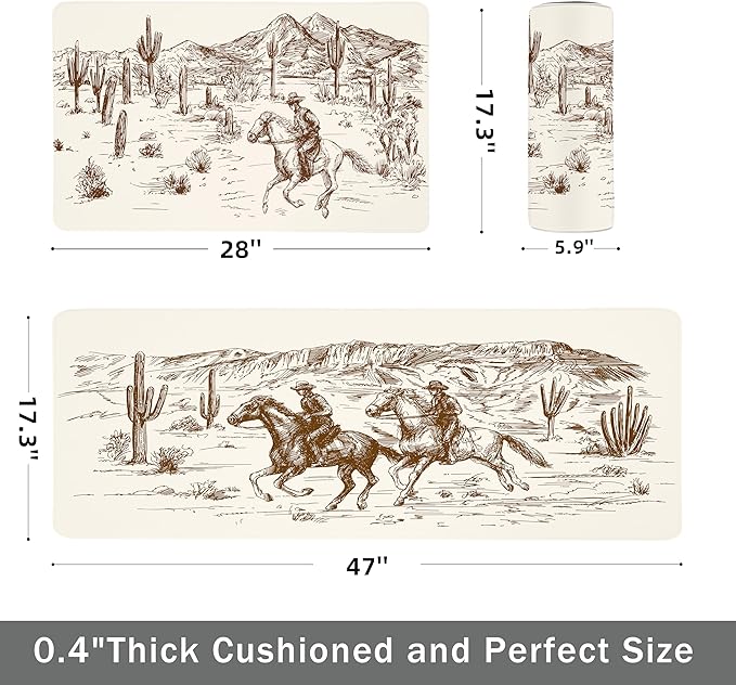 Western Kitchen Mat Rugs Set of 2 Aztec Anti Fatigue Non-Slip Kitchen mats for Floor Western Country Cactus Theme PVC Comfort Mat Floor Rugs Decor Office Front Door Sink 17.3x28+17.3X 47 inches