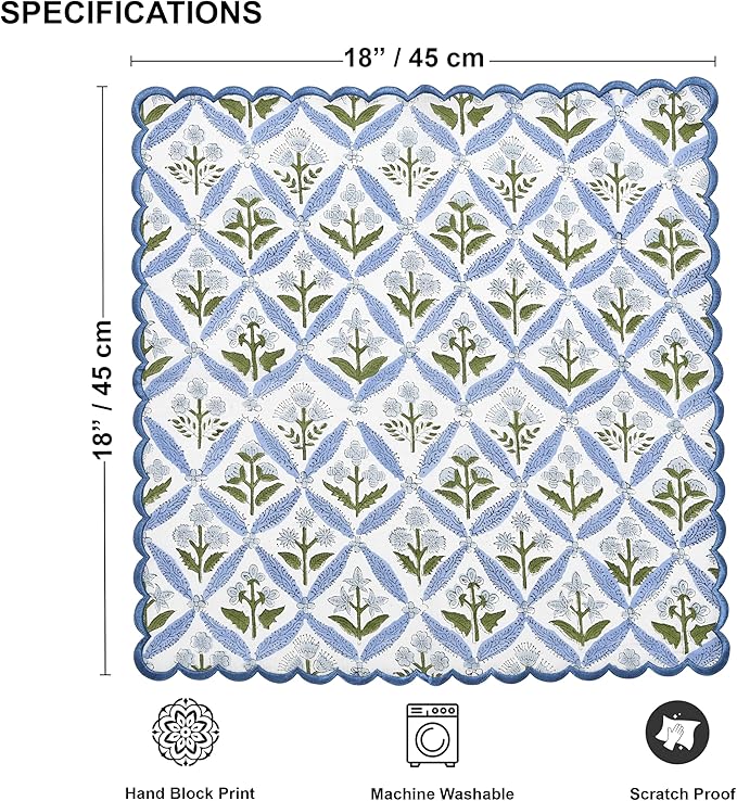 Ridhi Light Steel Blue Hand Block Print Napkins 18" x 18" Set of 4 Reusable Cotton Dinner Napkins for Weddings, Parties & Everyday Dining, Thanksgiving, Christmas, Fall