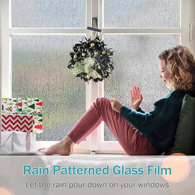 VELIMAX Rain Glass Window Film Privacy Static Window Clings Decorative Glass Sticker for Home Office Removable UV Protection Heat Control 23.6 x 118 inches