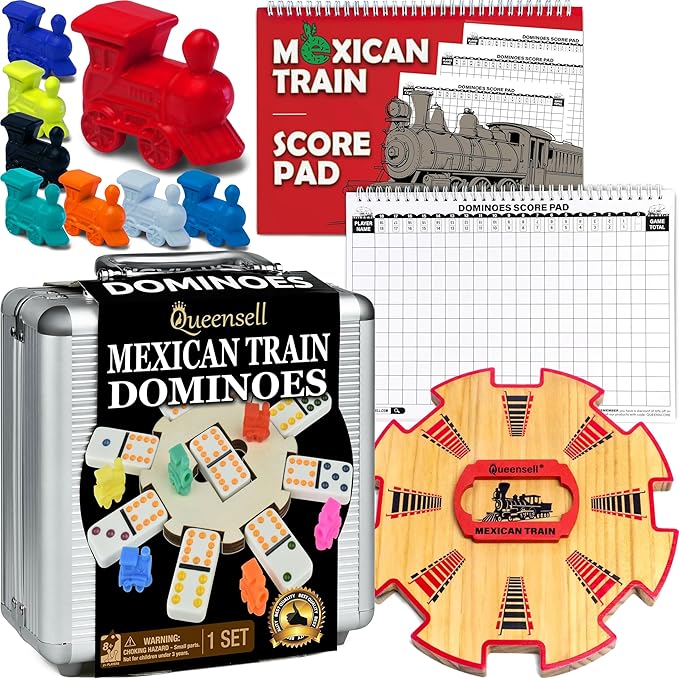 Queensell Dominoes Double 12 + Wooden Hub + Score Pad + Metal Trains