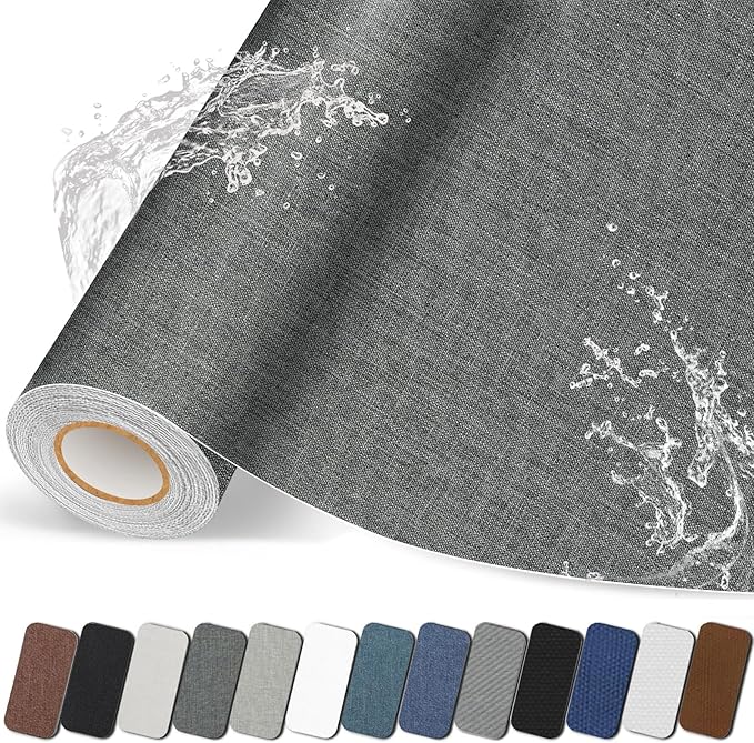 Fabric Repair Patches, 17X158 inch Linen Self-Adhesive Fabric Repair Tape, Strong Sticky Linen Patch for Sofas, Tote Bags, Clothing, Car Seats, Furniture（Dark Grey, 17X158 inch）