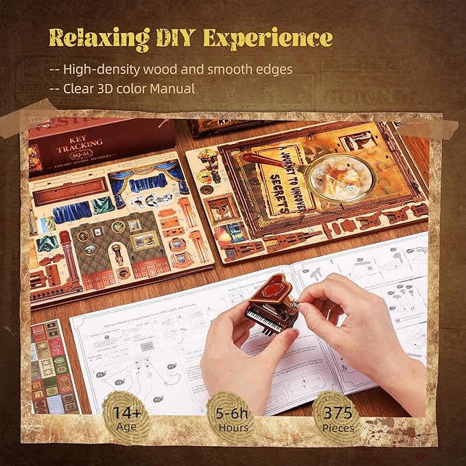 3D Wooden Puzzle Book Nook Kit with LED Light, DIY Miniature Bookshelf Insert Décor for Display, Unique Craft Gift for Adults and Teens (Key Tracking)