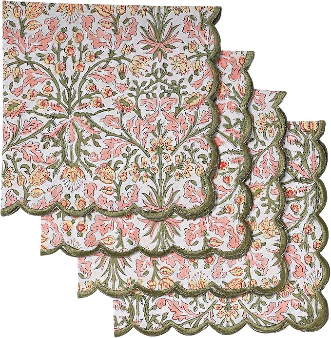 Ridhi Sassy Salmon Pink Hand Block Print Napkins 18" x 18" Set of 4 Reusable Cotton Dinner Napkins for Weddings, Parties & Everyday Dining, Thanksgiving, Christmas, Fall