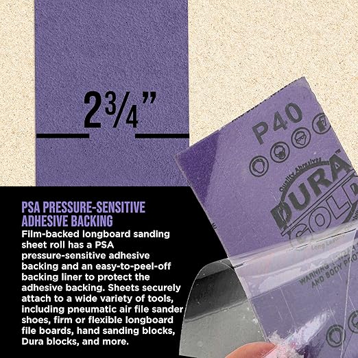 Dura-Gold Premium 40 Grit PSA Purple Film Ceramic Longboard Sandpaper, 2-3/4" Wide Continuous 12 Yard Roll - Self Adhesive Stickyback for Auto & Wood Air File Long Board Sanders, Hand Sanding Blocks