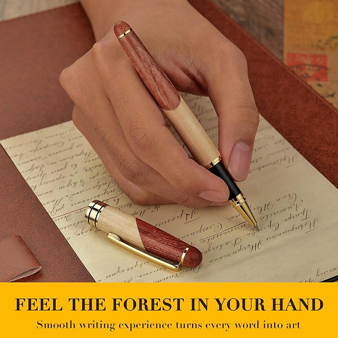 BEILUNER Luxury Wood Ballpoint Pen Writing Set,Maple-Elegant Fancy Nice Gift Pen Set for Signature Calligraphy Office Fancy Nice Supplies - Christmas Gift Boxed with Extra Refills (Black)