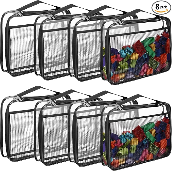 8 Packs Toy Storage Bags with Zipper, Clear PVC Organizing Bags, Reusable Toy Storage Organizer with Portable Handle, Travel Waterproof Organizer Bags for Building Blocks, Puzzle, Toys and Books
