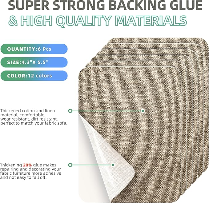 Azobur Coarse Linen Repair Patches, 6 Piece Self-Adhesive Linen Fabric Patches, Multi Color, Can be Used for Linen Sofa Repair and Linen Clothes Repair, Quick Fix Sofa.(Khaki)