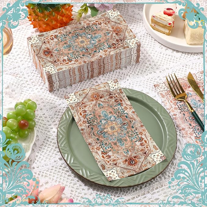 Yeaqee 100 Pcs Vintage Boho Napkins Paper Guest Towels 2 Ply Decoupage Napkins Disposable Decorative Hand Towel for Bathroom Kitchen Fall Wedding Party Dinner(Brick Red and Dark Blue)