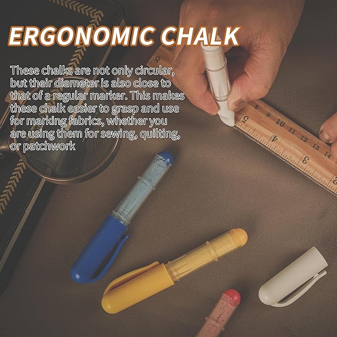(4-pack) Fabric Chalk Markers (Red, Yellow, Blue, White) -Erase Tailor’s Chalk for Quilting and Sewing - Compatible with Most Fabrics - With Dosing Wheel Technology, 4 Colors