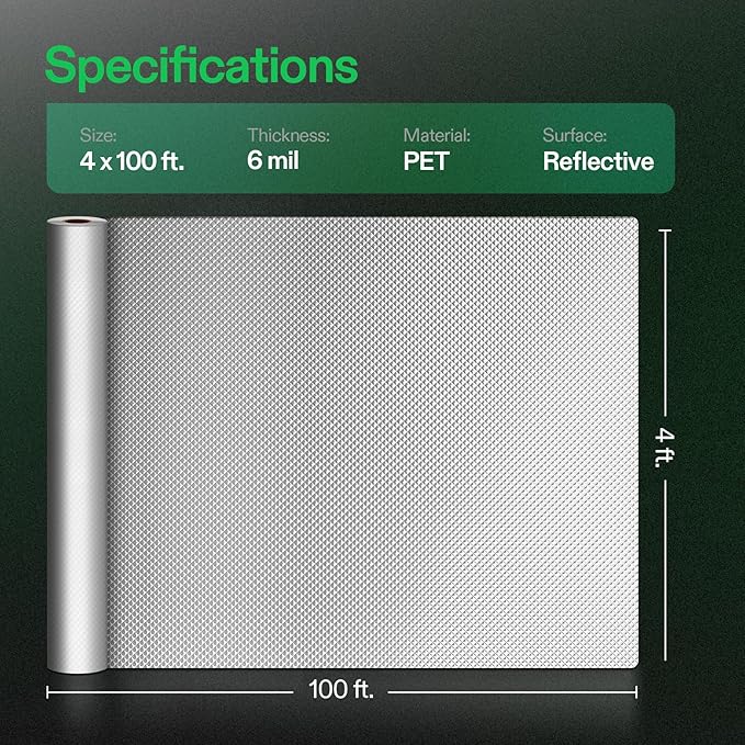 VIVOSUN 6 Mil Mylar Film Roll, 4 ft. x 100 ft. Diamond Film Foil Roll, Heavy-Duty Reflective Film for Grow Tent, Warm House, and Grow Room (100 ft.)