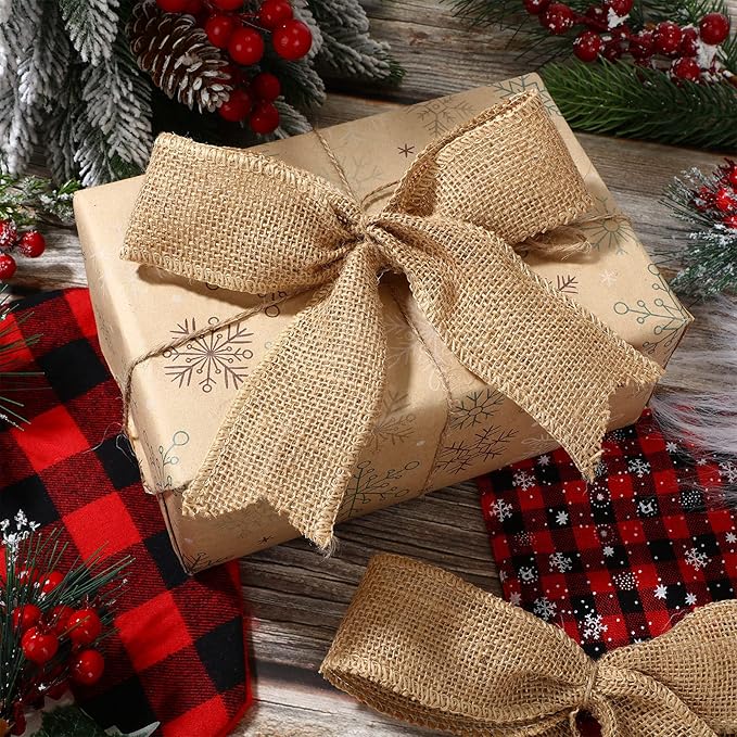 20 Yard 2 Inches Burlap Ribbon Wide Jute Ribbon Natural Burlap Fabric Roll Wired Edge for Wreaths, Christmas Tree Decoration, Big Bow Crafts, Gift Wrapping, Wedding