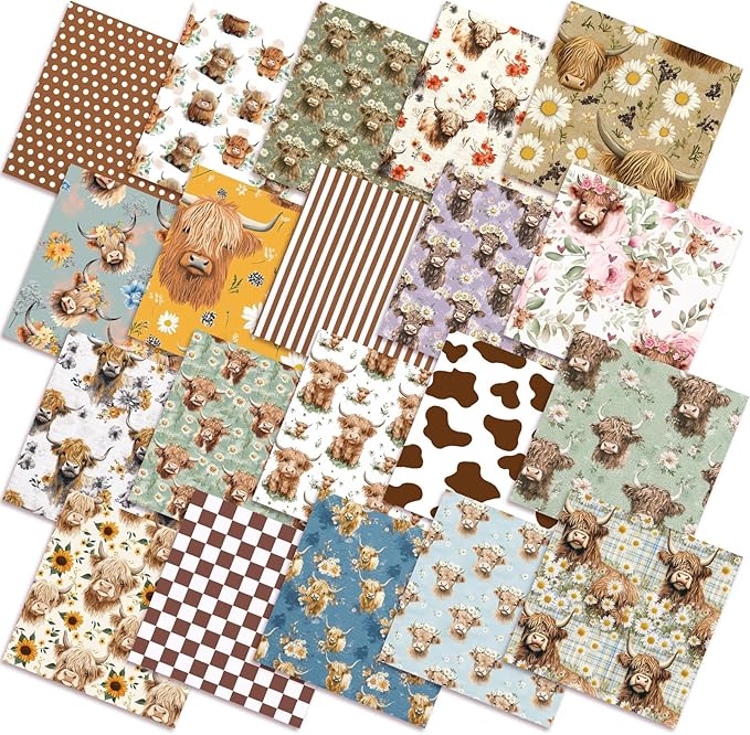 Ganeen 60 Pcs 10 x 10 Inch Highland Cow Quilting Fabric Squares Vintage Highland Cow Fat Patchwork Precut Strips Retro Multicolor Fabric Bundles for Holiday DIY Craft Sewing Quilt Material Handmade