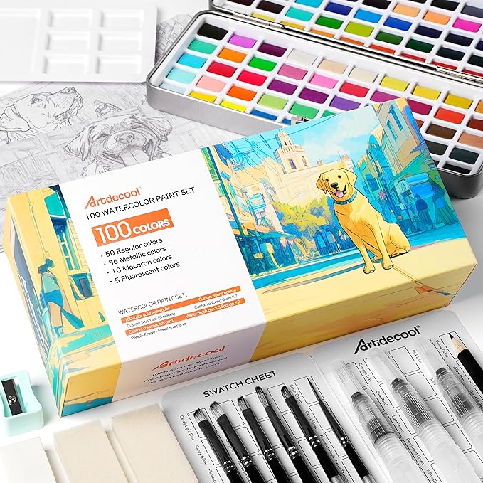 Watercolor Paint Set, 100 Colors, Travel Water Colors kit with 9 Brushes, 3 Swatch Cards, Palette set Including Metallic and Accessories Art Supplies Gifts for Kids Artists Teens Adults and Hobbyists