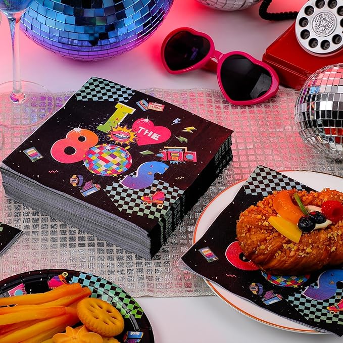 60 Pcs 80s Cocktail Paper Napkins 6.5 x 6.5 Inches Disposable Paper Napkins Dessert Beverage Napkin for Decoupage Luncheon Napkin for Party Wedding Birthday Party