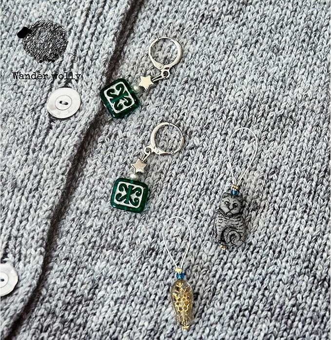 Handmade Stitch Markers for Knitting and Crochet, Two Green Floral Removable Rings, Gold-Edged Fish and Gray Cat Closed Ring, with Storage Case.