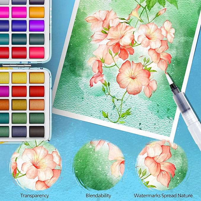 Caliart Watercolor Paint Set, 100 Colors Portable Travel Water Color Palette Kit with Detail Painting Brush, Art Supplies Christmas Gifts for Artists Adults Painters Beginners