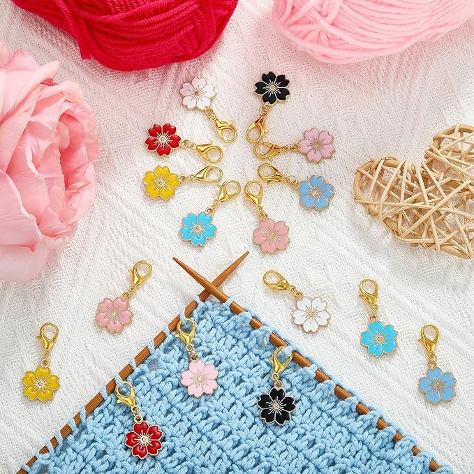 BEEFLYING 16Pcs Flower Stitch Marker Charms for Crocheting and Knitting, Alloy Enemal Crochet Knit Stitch Marker Pendant with Lobster Clasp for Sewing Quilting Handmade Jewelry