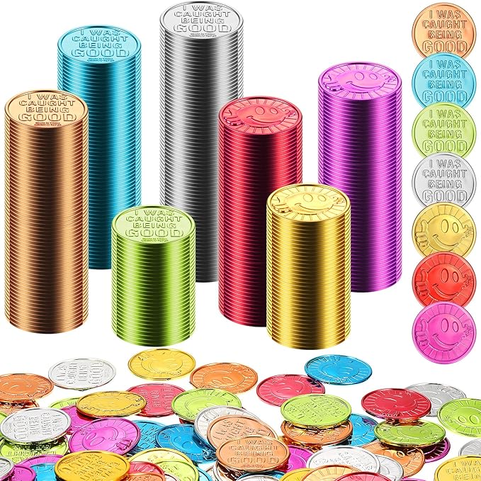 Jerify 1000 Pcs I was Caught Being Good Coins for Kids Behavior Tokens Laugh Face Plastic Reward Colored Pretend Coin Carnival Halloween Party Counting (Laugh Face)