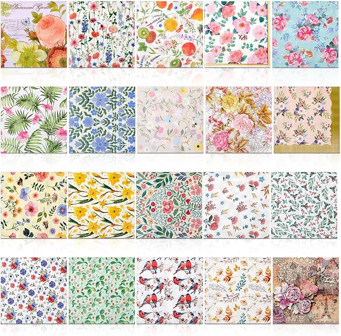Crtiin 20 Pack Assorted Floral Napkins for Decoupage Toilet Napkins Flower Cocktail Decorative Paper for Birthday Party Beautiful Gorgeous, 20 Styles Each 6.5 inches(Style 2)