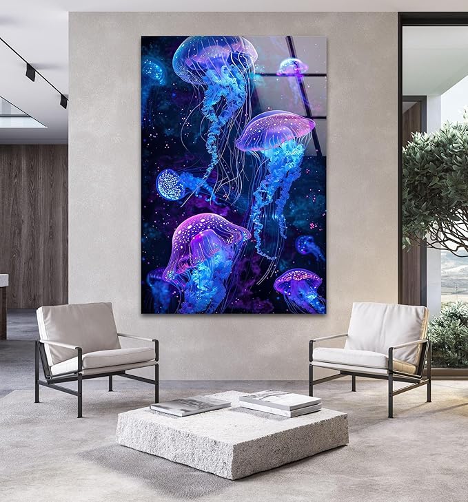 My Photostation.com 18Wx28H'' Glowing Jellyfish Glass Wall Art Tempered Glass Printing Wall Decor Large Wall Art Wall Hangings
