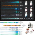 Zonon Glass Dipped Pen Ink Set 14 Pcs Include 6 Pcs Glass Dip Pen, 6 Colorful India Ink and 2 Holder Crystal Signature Calligraphy for Art, Writing, Signatures, Gift(Green Color System)