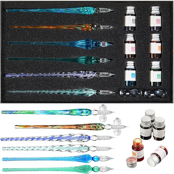 Zonon Glass Dipped Pen Ink Set 14 Pcs Include 6 Pcs Glass Dip Pen, 6 Colorful India Ink and 2 Holder Crystal Signature Calligraphy for Art, Writing, Signatures, Gift(Green Color System)
