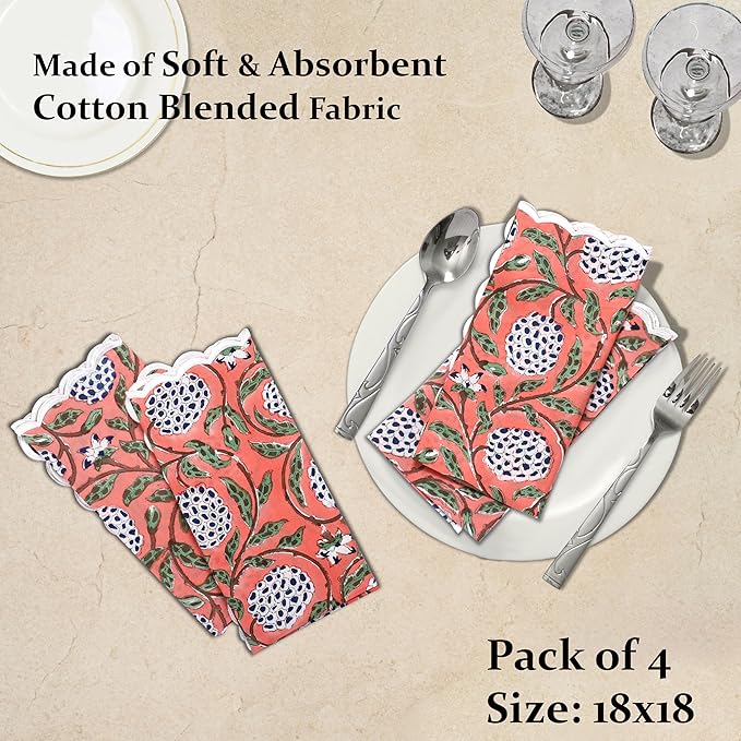 Ridhi Dark Salmon Pink Hand Block Print Napkins 18" x 18" Set of 4 Reusable Cotton Dinner Napkins for Weddings, Parties & Everyday Dining, Thanksgiving, Christmas, Fall