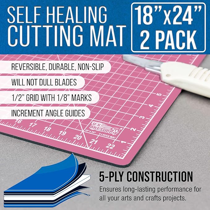 U.S. Art Supply 18" x 24" Self-Healing Cutting Mat 5-Ply (2 Pack) - Double-Sided Pink/Blue Craft Mat, Non-Slip Cutting Mats for Crafts, Sewing, Quilting, Scrapbooking