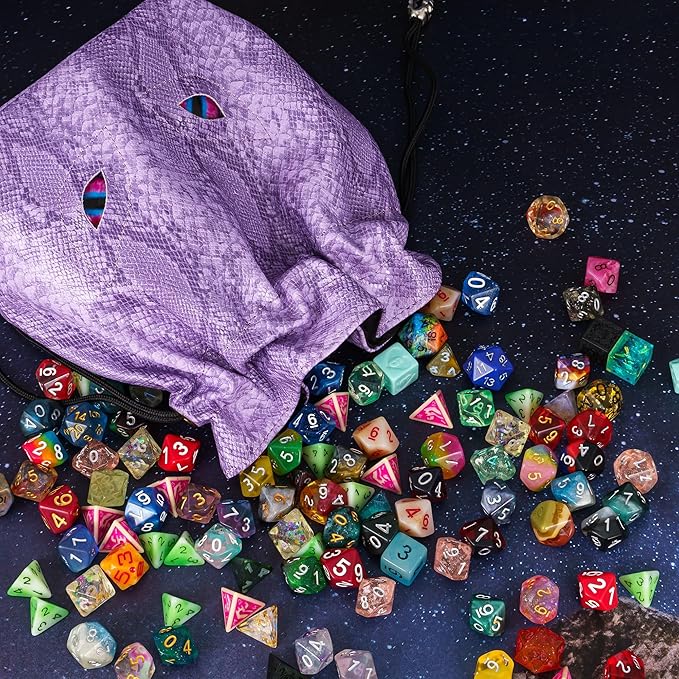 Large DND Dice Bag Leather Dice Storage Bag Purple D&D Drawstring Pouch with Pockets for RPG Table Games - Can Hold 200+ Polyhedral Dice