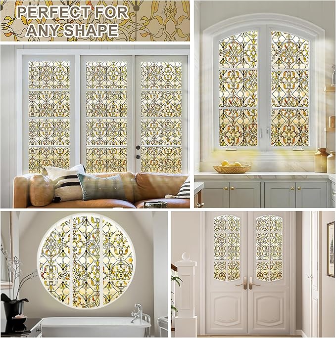 3D Stained Glass Window Privacy Film, Heat Control UV Blocking Static Cling Decorative Window Film for Bathroom,Front Door,Home Non Adhesive 23.6 x 35.4 inches Golden Filigree