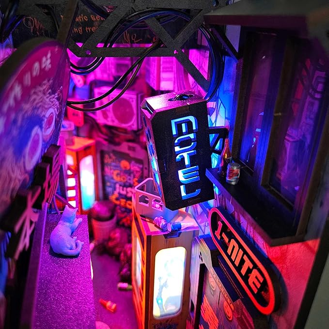 Neo Ramen MiniAlley DIY Cyberpunk Book Nook Kit – Wooden Diorama with Neon Lights, Futuristic Ramen Shop & Endless Alley Illusion – Unique Collectible Display for Bookshelf or Desk