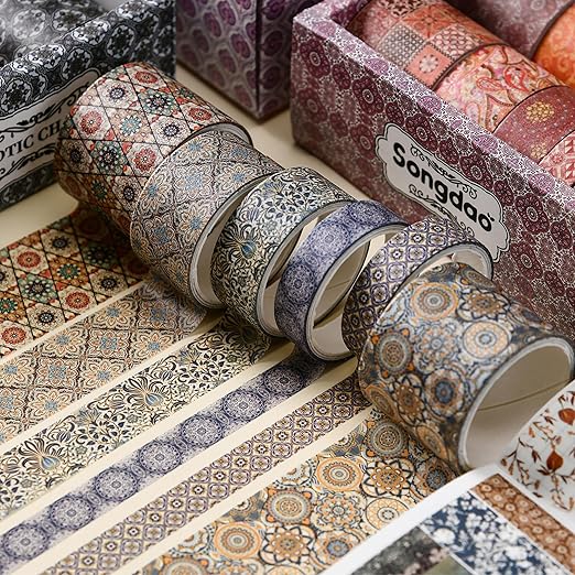 12 Rolls Exotic Charm Washi Tape Set Floral Arts Adhesive Tapes Geometric Garden Decorative Masking Tape Sets for Craft, Kids, Scrapbook, DIY, Gift Wrapping (Azure Serenity)