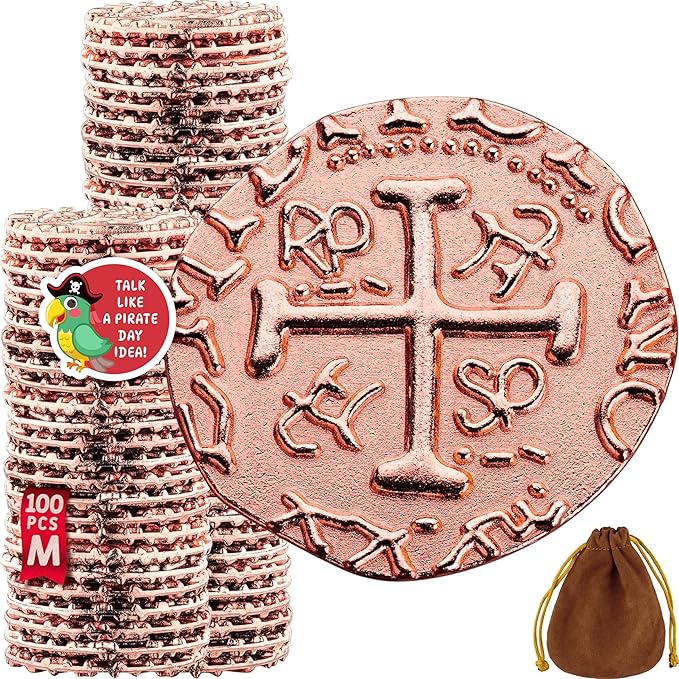 Large Metal Pirate Coins - 100 Rose Gold Treasure Coin Set, Metal Replica Spanish Doubloons for Pirate Party Decorations & Favors, Tokens, Toys, Cosplay - Pirate Treasure Chest - Size 0,98"