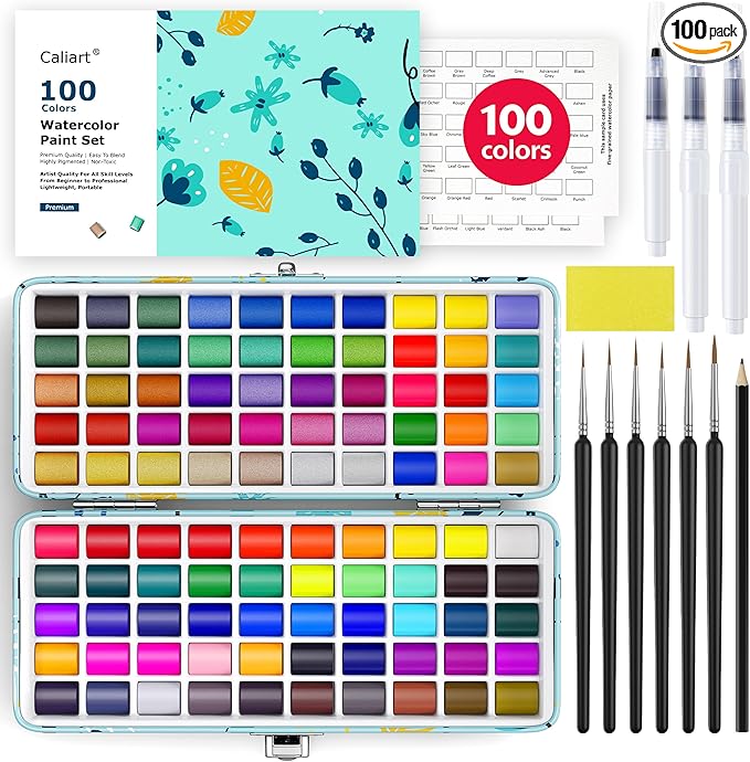Caliart Watercolor Paint Set, 100 Colors Portable Travel Water Color Palette Kit with Detail Painting Brush, Art Supplies Christmas Gifts for Artists Adults Painters Beginners