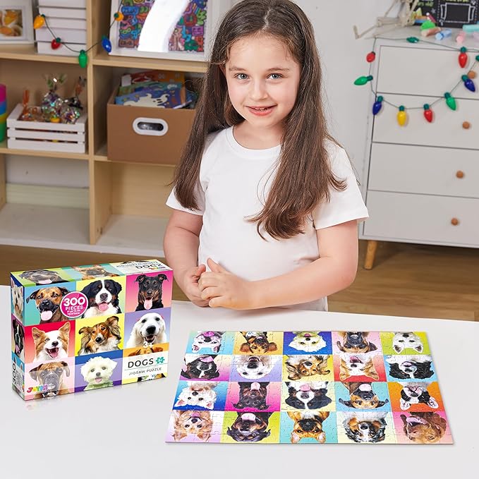 JOYIN 300 pcs Multicolor Dogs Puzzles, Jigsaw Puzzle for Kids and Adults(27.6" x 19.7"), Puppy Theme Puzzles for Teens, Collection Gift Home Art Decor