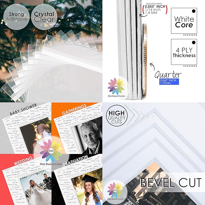 Mat Board Center, Pack of 25, 16x20 for 11x14 White Picture Mat Sets - Acid Free, 4-ply Thickness, Bevel Pre-Cut White Core - Includes Backing Boards and Clear Bags - for Pictures, Photos, Framing
