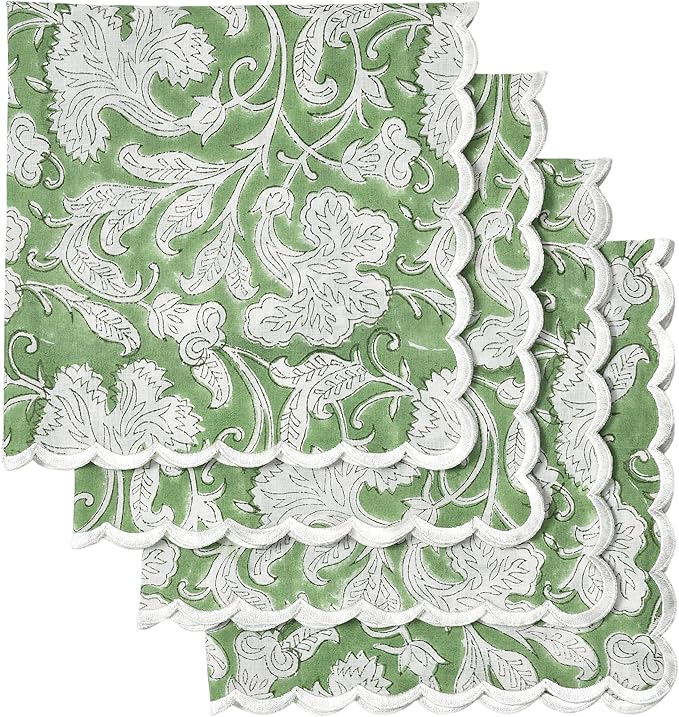 Ridhi Sage Green Hand Block Print Napkins 18" x 18" Set of 4 Reusable Cotton Dinner Napkins for Weddings, Parties & Everyday Dining, Thanksgiving, Christmas, Fall