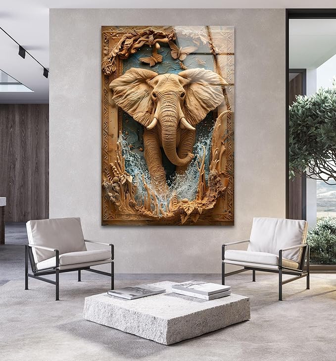 My Photostation.com 24Wx30H'' Elephant Carving Glass Wall Art Tempered Glass Printing Wall Decor Large Wall Art Wall Hangings