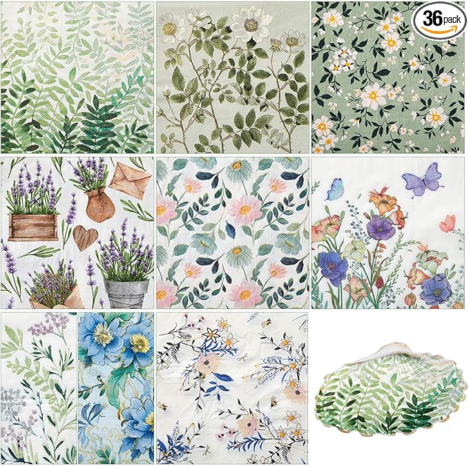 Crtiin 36 Pack 9 Styles Decoupage Napkins Assorted Floral Decorative Decoupage Napkins Chinoiserie Cocktail Paper for DIY Crafting Birthday Party, Each Unfolded 13 Inch(Fresh Plants)