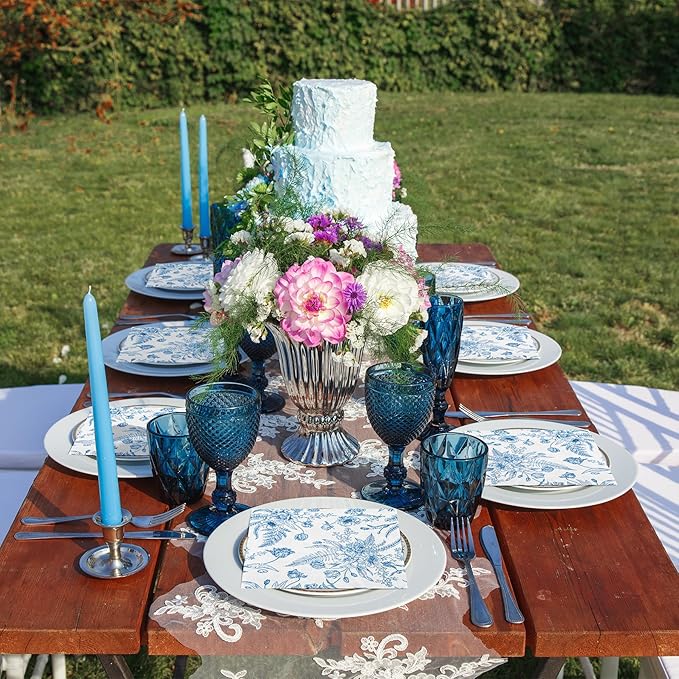 Aodaer 48 Pieces Floral Paper Napkins Disposable Blue Floral Napkins Blue and White Cocktail Dinner Napkin Set 13" x 13" Unfolded Decoupage Tableware Napkins for Garden Party Supplies