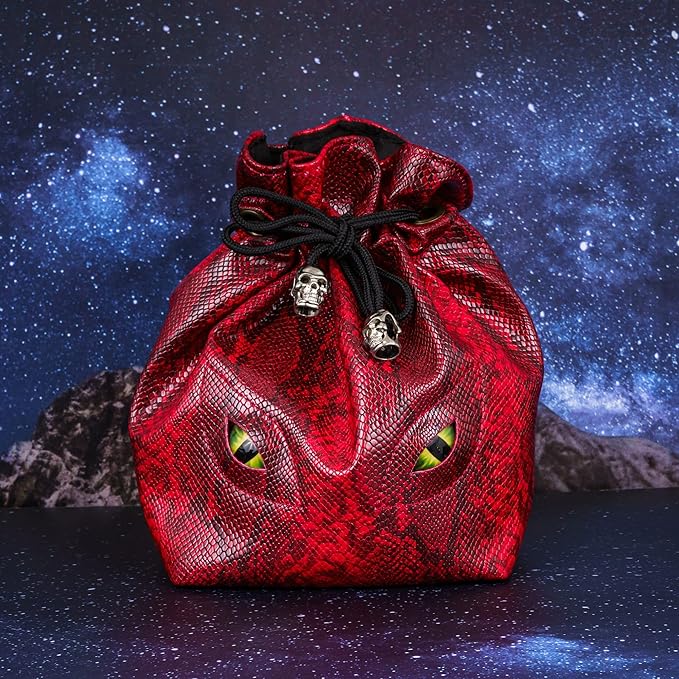 Large DND Dice Bag Leather Dice Storage Bag Red D&D Drawstring Pouch with Pockets for RPG Table Games - Can Hold 200+ Dice